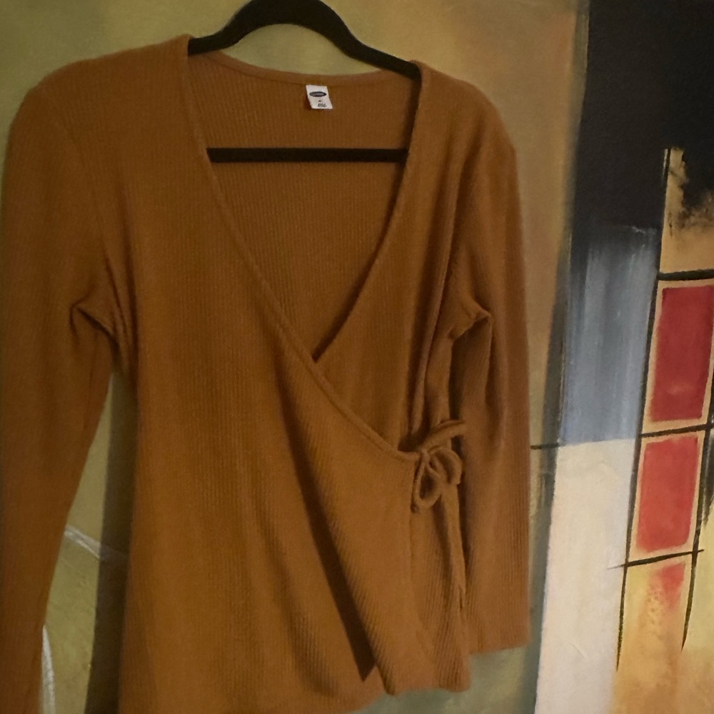 Old Navy Ribbed Wrap Sweater in Mustard Brown